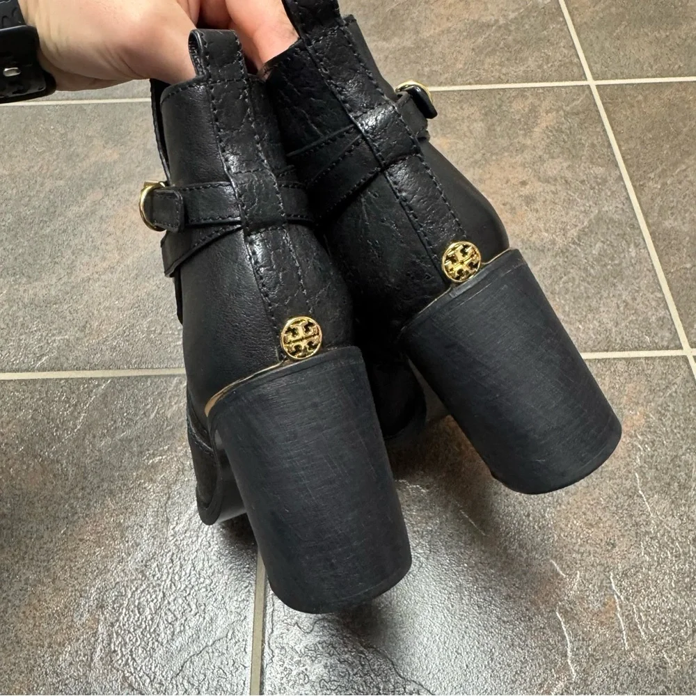 Tory Burch Kayden Buckle Strap Leather Ankle Boots Black 9.5